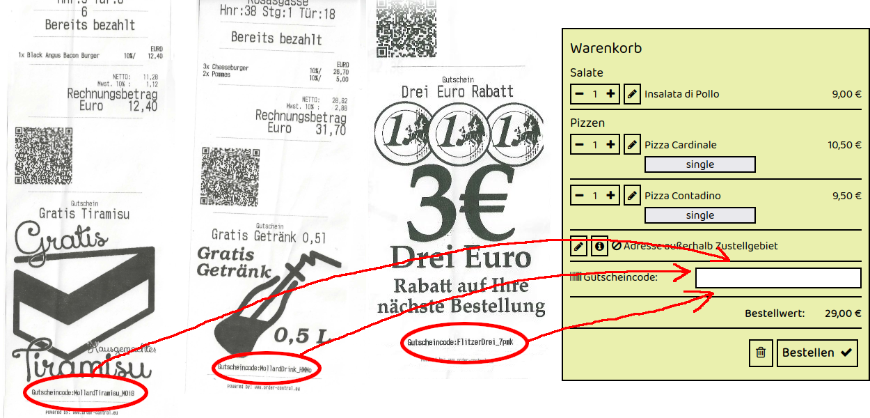 Beispiel für Gutscheincodes auf Rechnungszetteln von Mama Rosa in Graz Griesgasse 34 – drei Rechnungen mit individuellen Gutscheincodes, die im Online-Warenkorb des Restaurants eingegeben werden können.