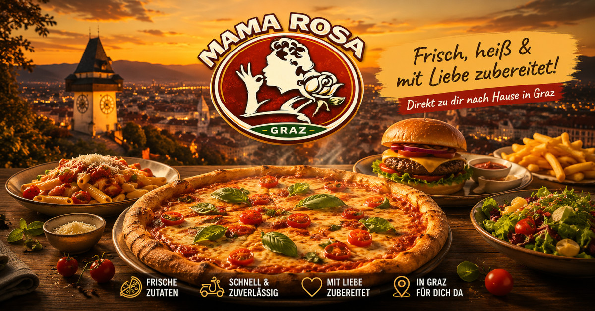 Frische Pizza, Pasta, Burger und Salate von Mama Rosa mit Blick auf den Grazer Uhrturm