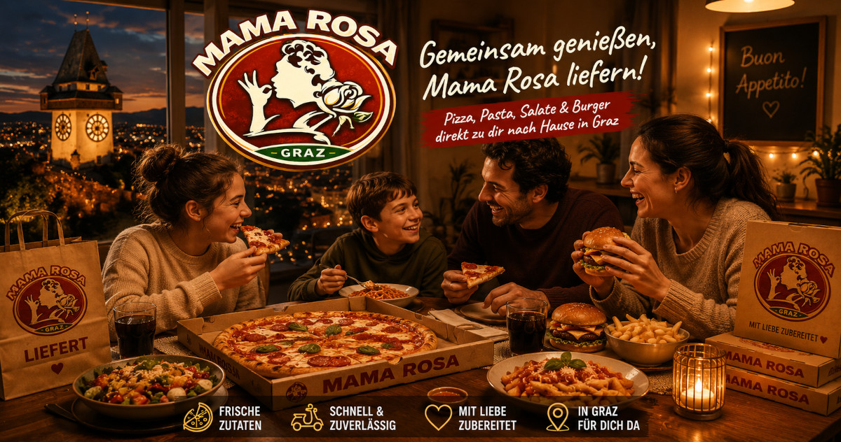 Familie genießt Pizza, Burger und Pasta von Mama Rosa zuhause in gemütlicher Abendstimmung in Graz