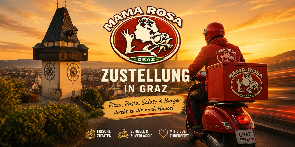 Mama Rosa Lieferservice in Graz mit Rollerfahrer vor dem Grazer Uhrturm bei Sonnenuntergang